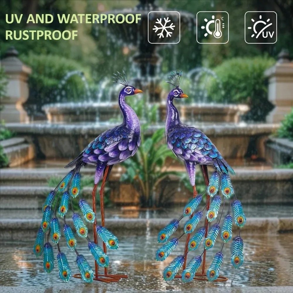 تماثيل حديقة الطاووس المعدنية الكبيرة - ديكور فني أنيق للفناء باللون الأرجواني، منحوتات رائعة للطيور للحدائق الخارجية #4