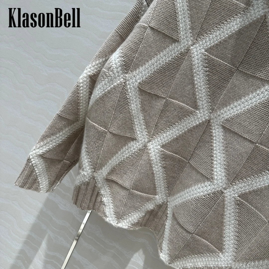 7.23 KlasonBell Women\'s Fashion Turtleneck Cashmere Knit Sweater Contrast Color Argyle Plaid Jacquard Loose Pullover Jumpers