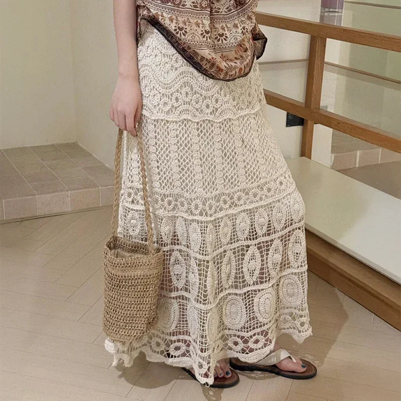 Women's Crochet Lace Maxi Skirt Boho A-Line Tiered Long Skirt Hollow Out Floral Open-Knit Beach Cover Up Cottagecore Festival