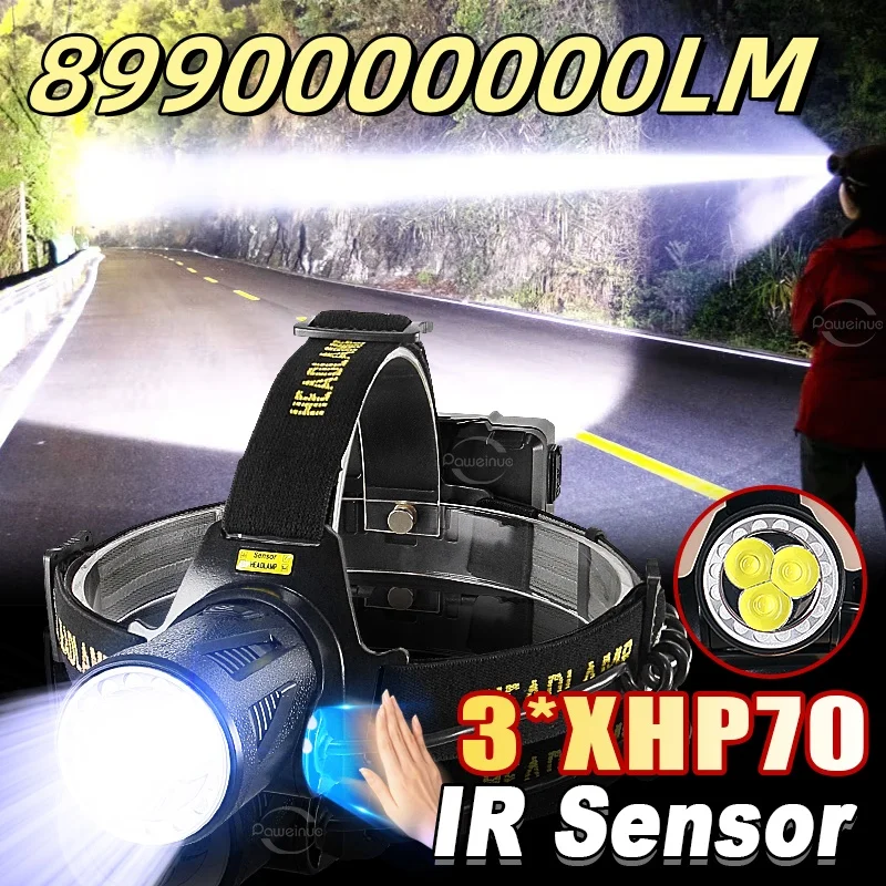 Most Powerful 3*XHP70 LED Headlamp IR Sensor Strong Light Headlight USB Rechargeable Head Flashlight Fishging Hunting Head Lamp
