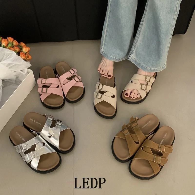 

LEDP Slipper Women's Thick Soled Mules Shoes 2024 New Summer Trend Retro Everything One Line Beach Slippers Cross Design Silver