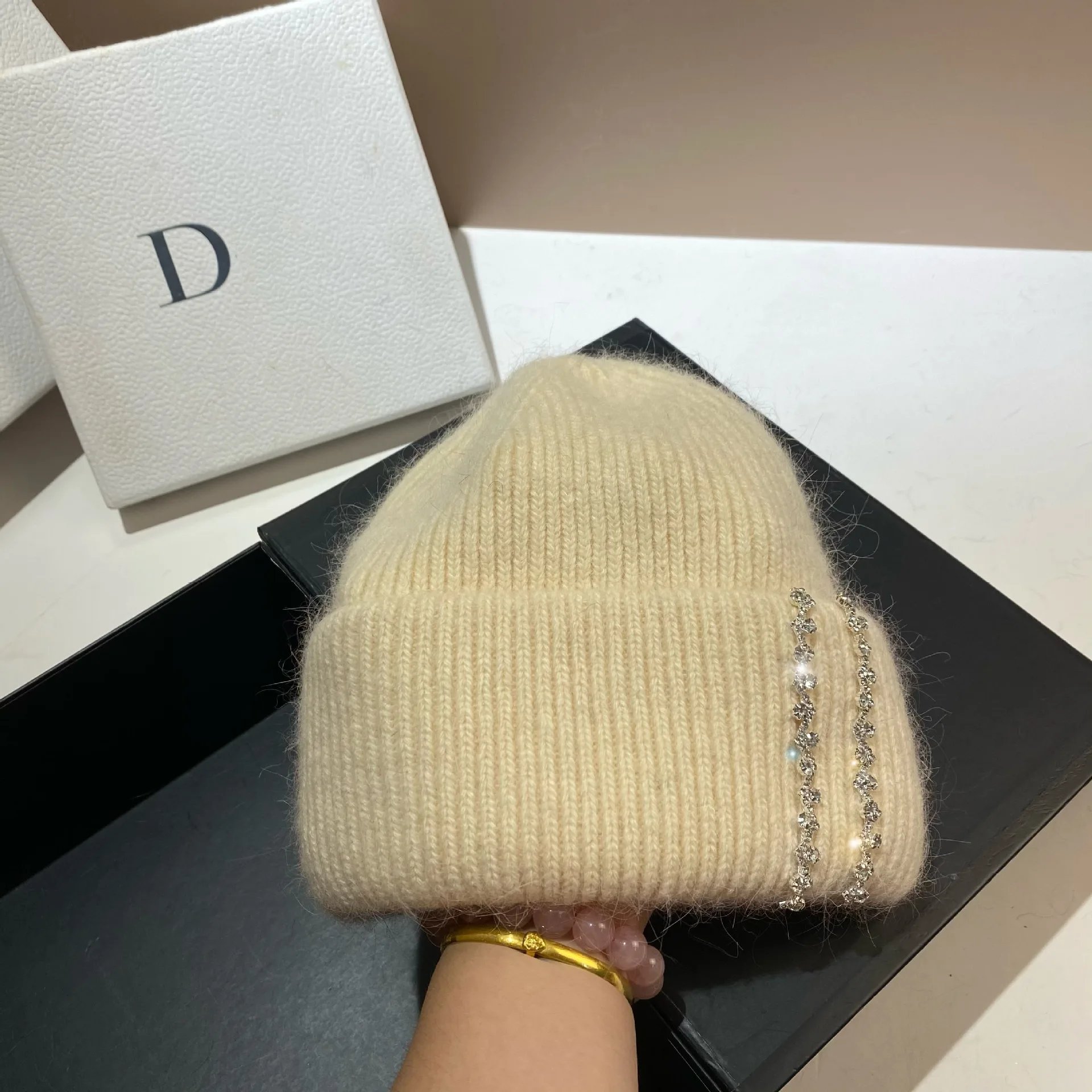 Lange Kaninchenhaar Doppelt gefaltete Strickmütze Modische Prominente Feng Shui Diamantmütze Winter Outdoor Warme Mütze – Detail 15
