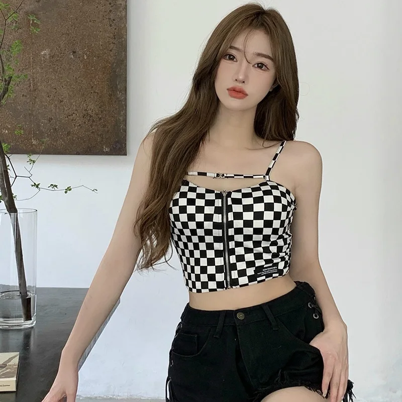 Korean Plaid Zipper Crop Top For Women  Slim Sexy Exposed Navel Camisole