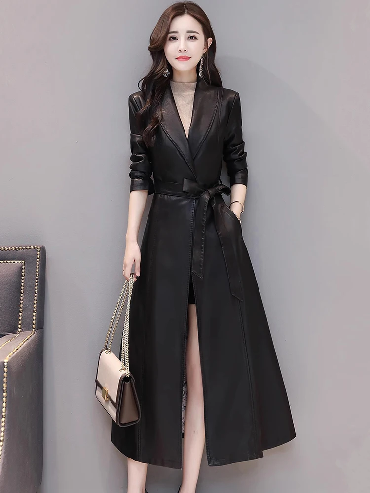 New Women Long Leather Coat Autumn Winter Fashion Elegant Shawl Collar Lace-up Slim Split Leather Overcoat Casual Trench Coat