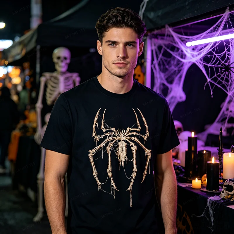 Skeleton Spider Gothic Horror Halloween Distressed Graphic T-Shirt, Y2k Creepy Art Admirers Aesthetic Clothes Bold Choice Unisex
