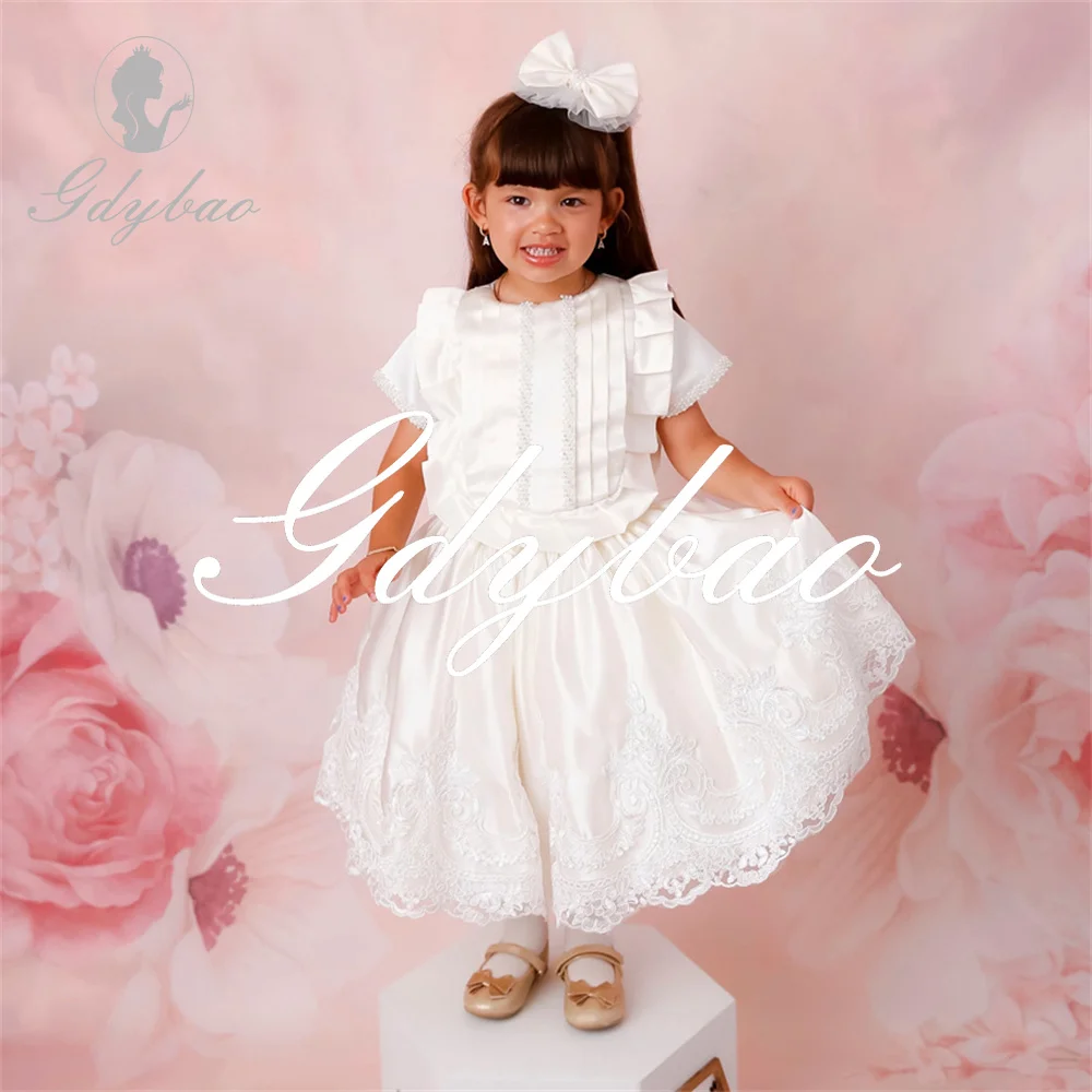 

Кружевное плиссированное платье принцессы с короткими рукавами и аппликацией для девочек-цветочниц длиной до щиколотки, свадебное платье для первого причастия, новинка по индивидуальному заказу