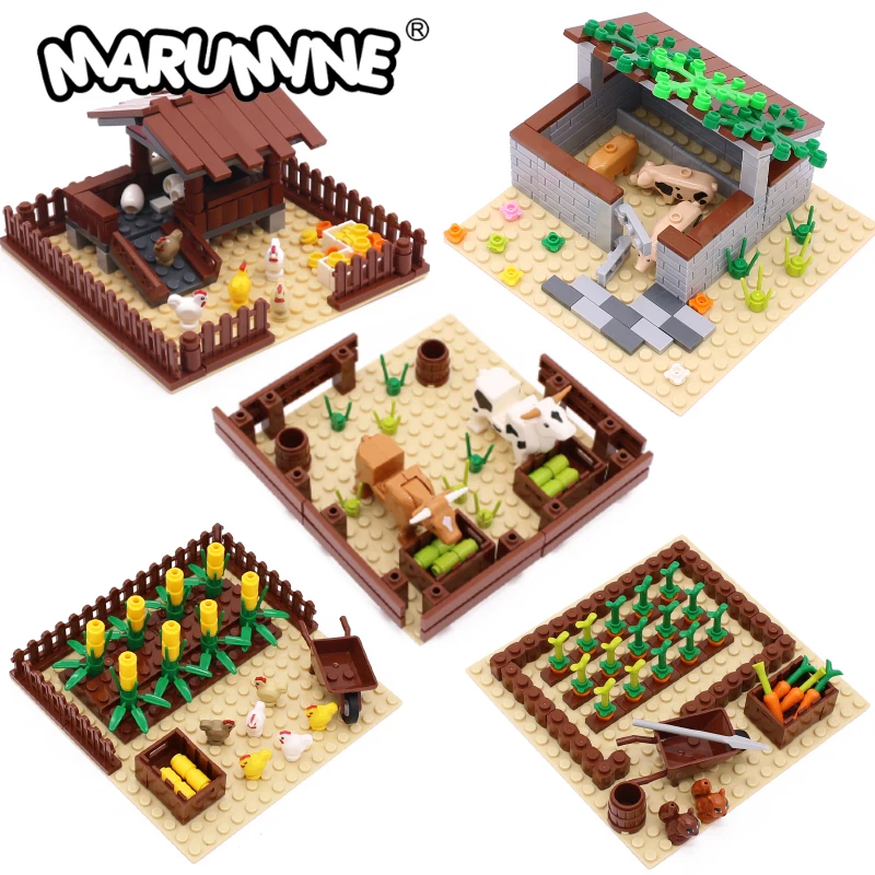 

MARUMINE Farm Animal Building Blocks Pig Chicken House Cowshed Pasture Model Kit MOC Brick Corn Radish Farmer Accessories Set