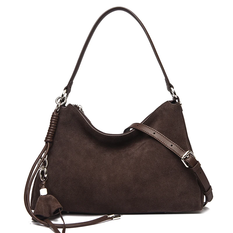 100% Echtes Wildleder Damen Schulter-Umhängetaschen Retro Echtleder Handtasche Designer Große Kapazität Pendler-Handtaschen – Detail 17