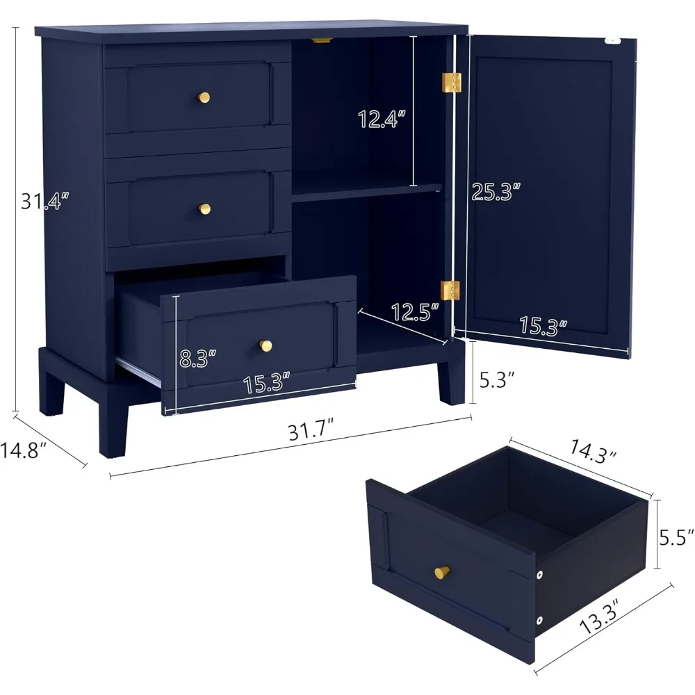 Accent Cabinet with 3 Drawers and Door, Wooden Storage Cabinet with Shelves, Sideboard for Living Room, Entryway, Navy Blue