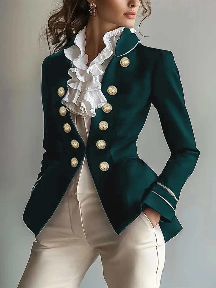 

Women's Jacket Stand Collar Double Breasted Slim Retro British Preppy Casual Autumn Short Coat Vintage Office Lady Outerwear