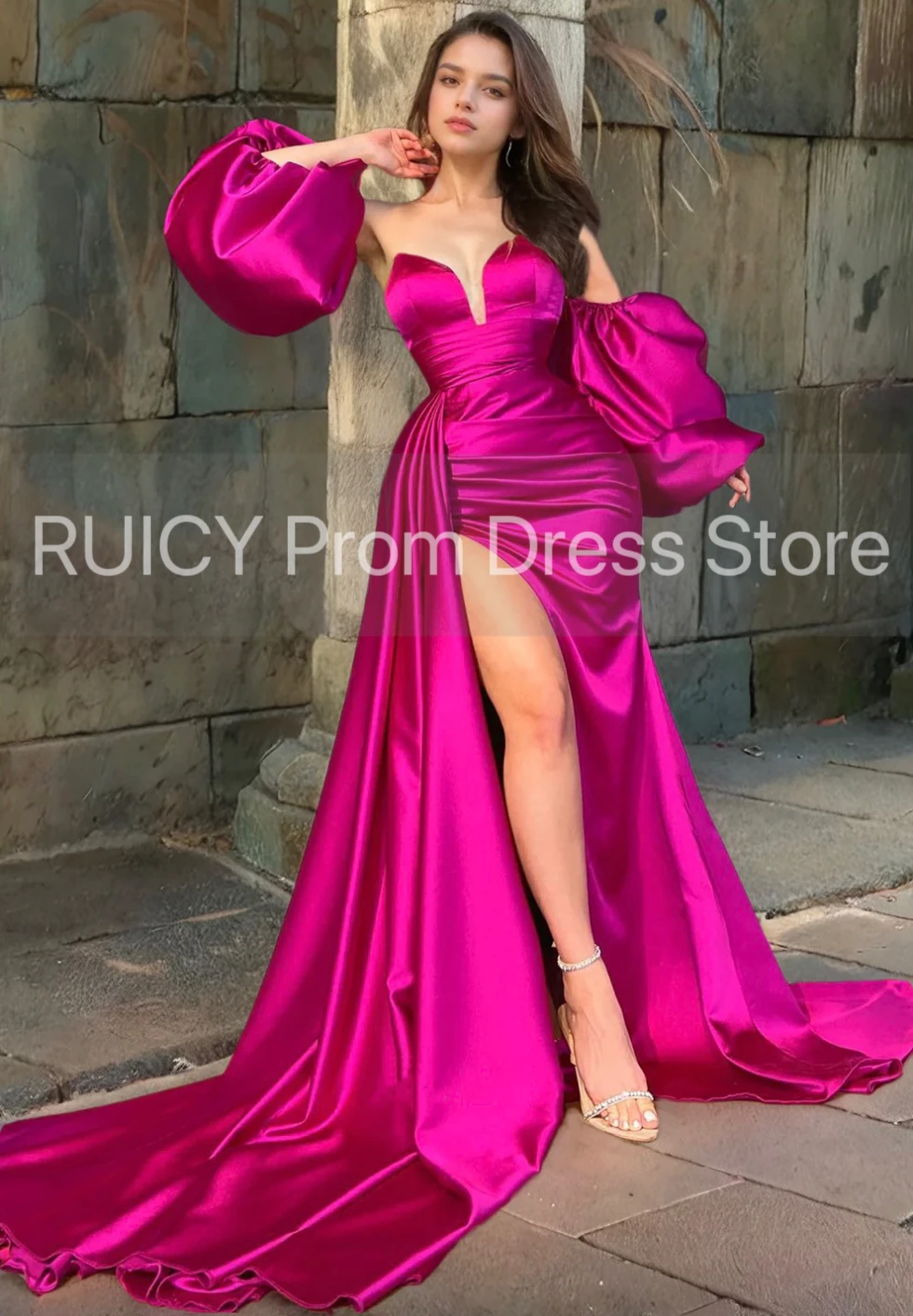 2025 Sexy Fuchsia Prom Dresses With Sleeve Black Girl Luxury Sweetheart Mermaid Cocktail Long Party Dress High Slit For Wedding