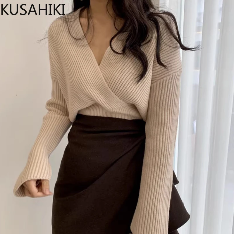 

KUSAHIKI Autumn Winter Sexy Cross V-neck Slim Waist Short Style Long Sleeved Knitted Sweater for Women