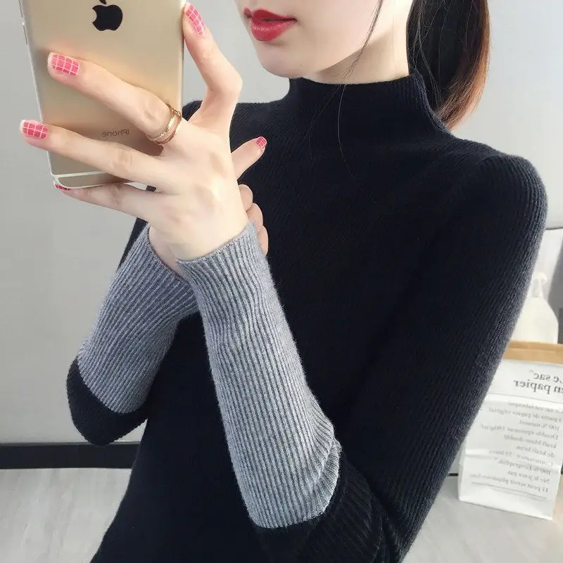 Fashion Stand Collar Spliced Korean T-Shirt Women's Clothing 2024 autumn winter Casual Pullovers Long Sleeve All-match Tee Shirt