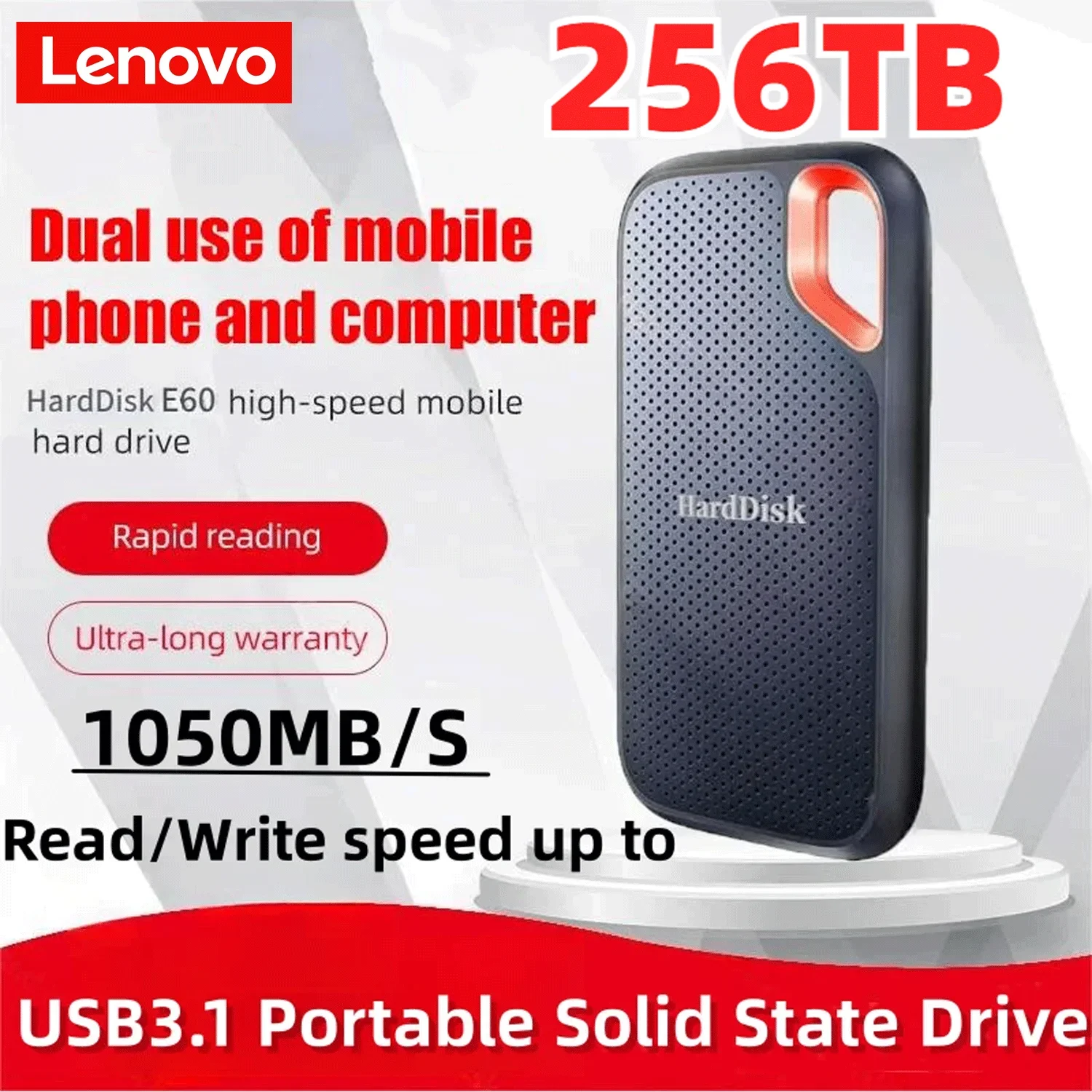 

Lenovo Hard Disk Mobile SSD E60 1TB 2TB 256TB USB 3.1 HD External Hard for Laptop PS5 Mobile Hard Disk HDD Storage