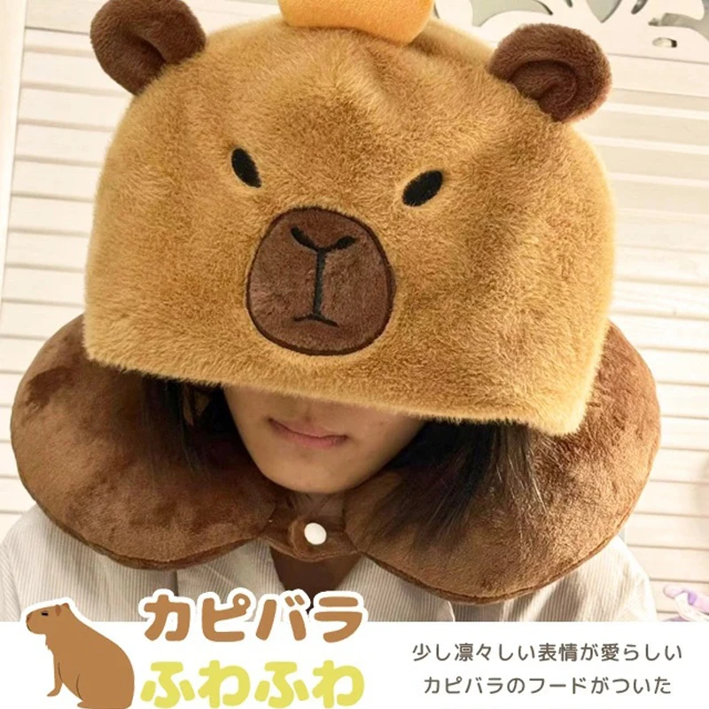 Capybara Kawaii Plush U Shaped Neck Pillow for Airplane Travel Adults and Kids Pillow Unicorn Cat Pig Memory Foam Hooded Pillows
