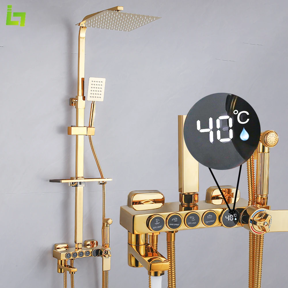 

Gold Thermostatic Shower Faucet Set Rainfall Bathtub Tap With Bathroom Shelf Multiple Water Outlet Methods