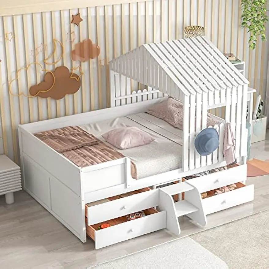 Harper & Bright Designs Full Size House Low Loft Bed Frame with Four Drawers for Kids,White