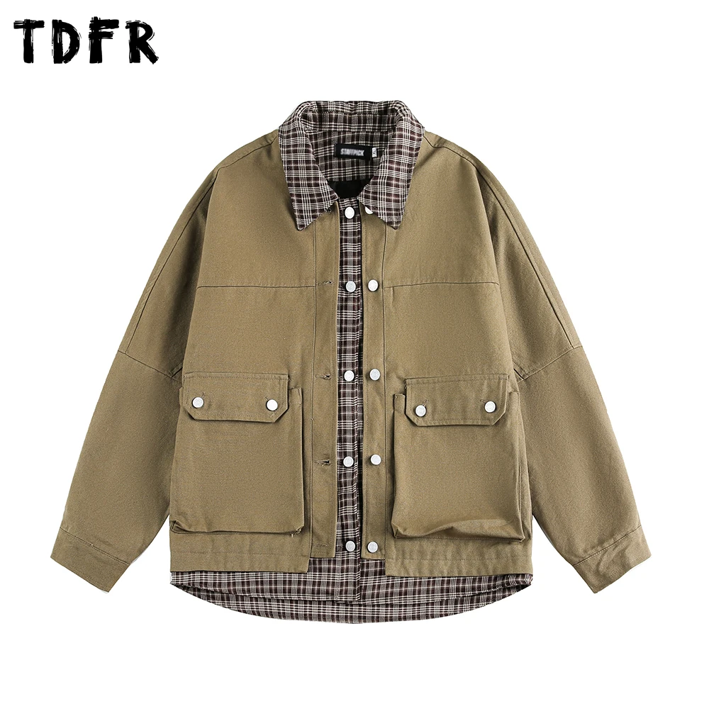 

Fake Two Pieces Cargo Jacket Mens Pocket Retro Autumn Casual Loose Lapel Spliced Single Breasted Long Sleeve Outerwear Man