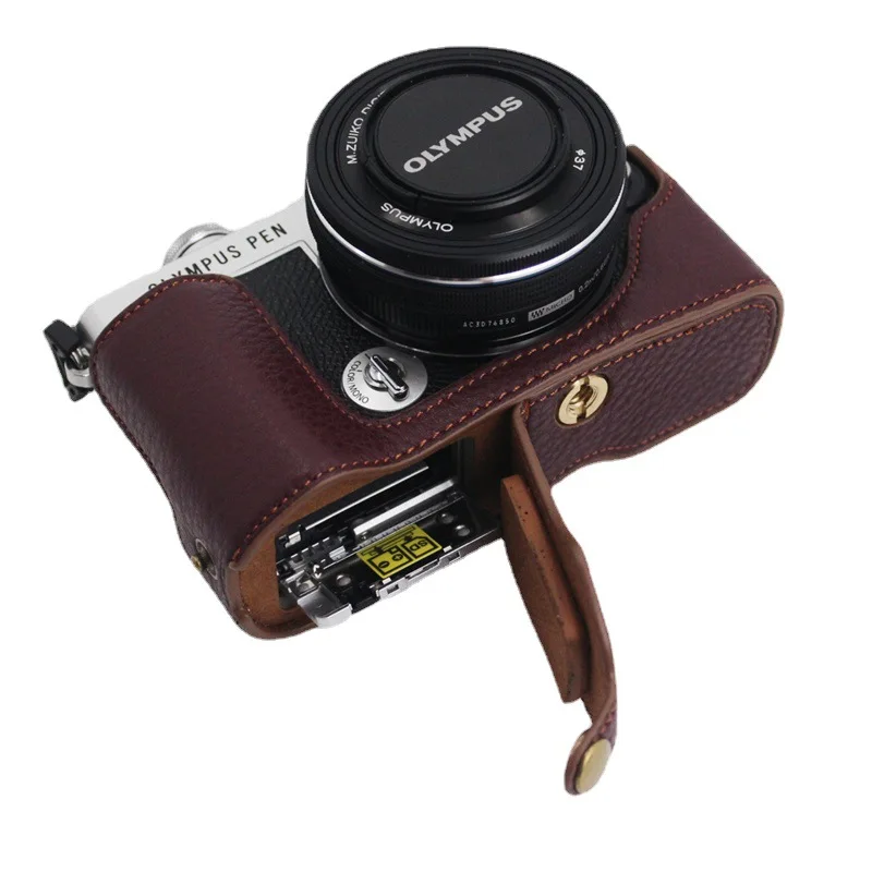 Genuine Real Leather Case Camera Video Bag Half Body Base Protector for Olympus PEN E-P7 EP7 Protective Opening Bottom Cover