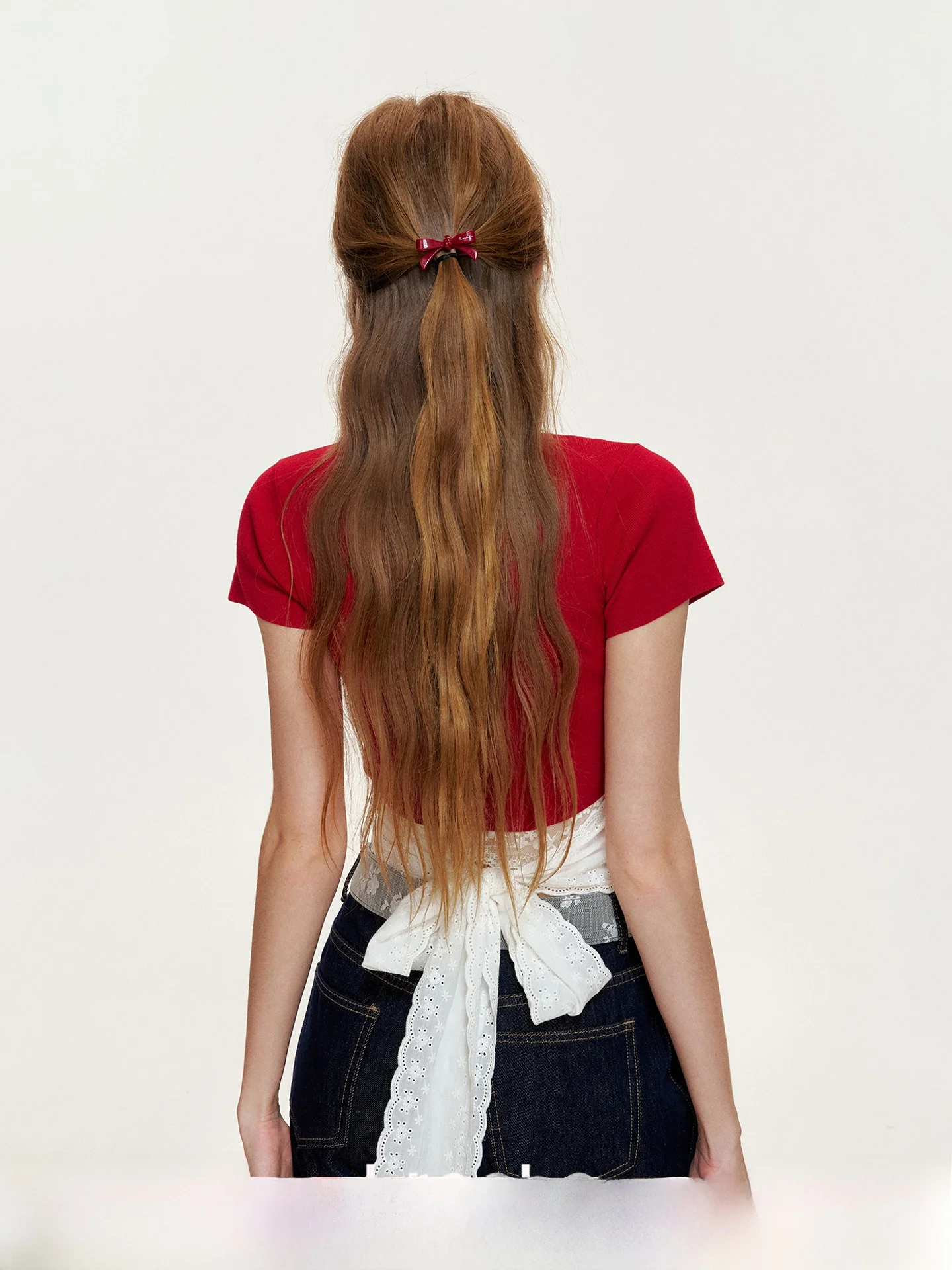 

Съемный кружевной узел на талии, трикотажная футболка ort Sve, корейская футболка для поездок на работу, чистый цвет, увлажняющий ng, стандартный крой