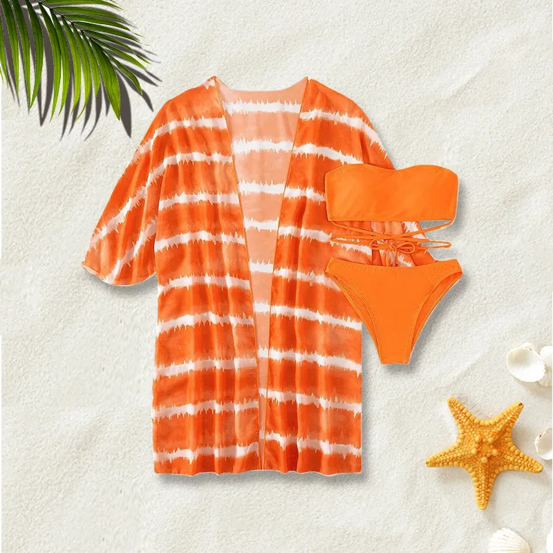 Japanese Style Beach Two-Piece Swimsuit Mesh Three-Piece Bikini Hot Spring Swimsuit