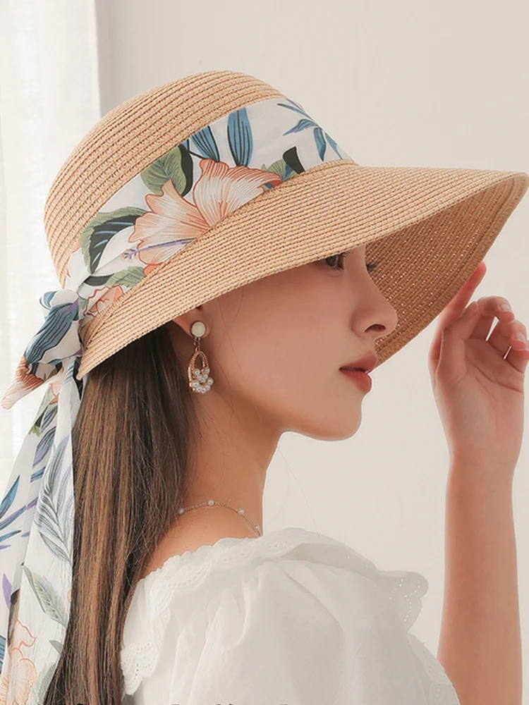 High selling women\'s summer tourism vacation sunshade and sunscreen hats leaf ribbon leisure beach large brim sun hat