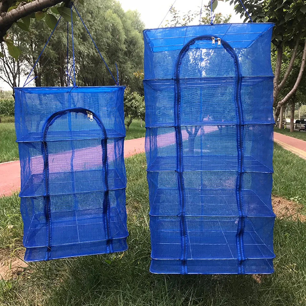 1pc Foldable Hanging Fishing Net Multi-Layer Fish Drying Net Basket Dryer Net Fruit and Vegetables Hanging Cage (Blue Cross Styl