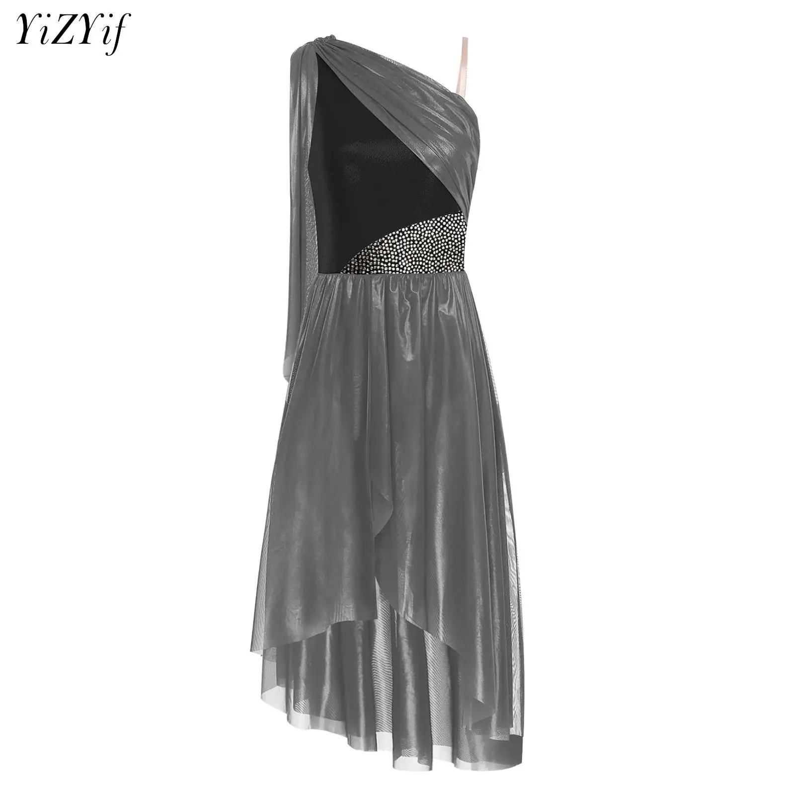 

Womens Asymmetrical Split Tulle Dress Contemporary Modern Lyrical Dance Performance Costume Sheer Mesh Dresses Dancewear