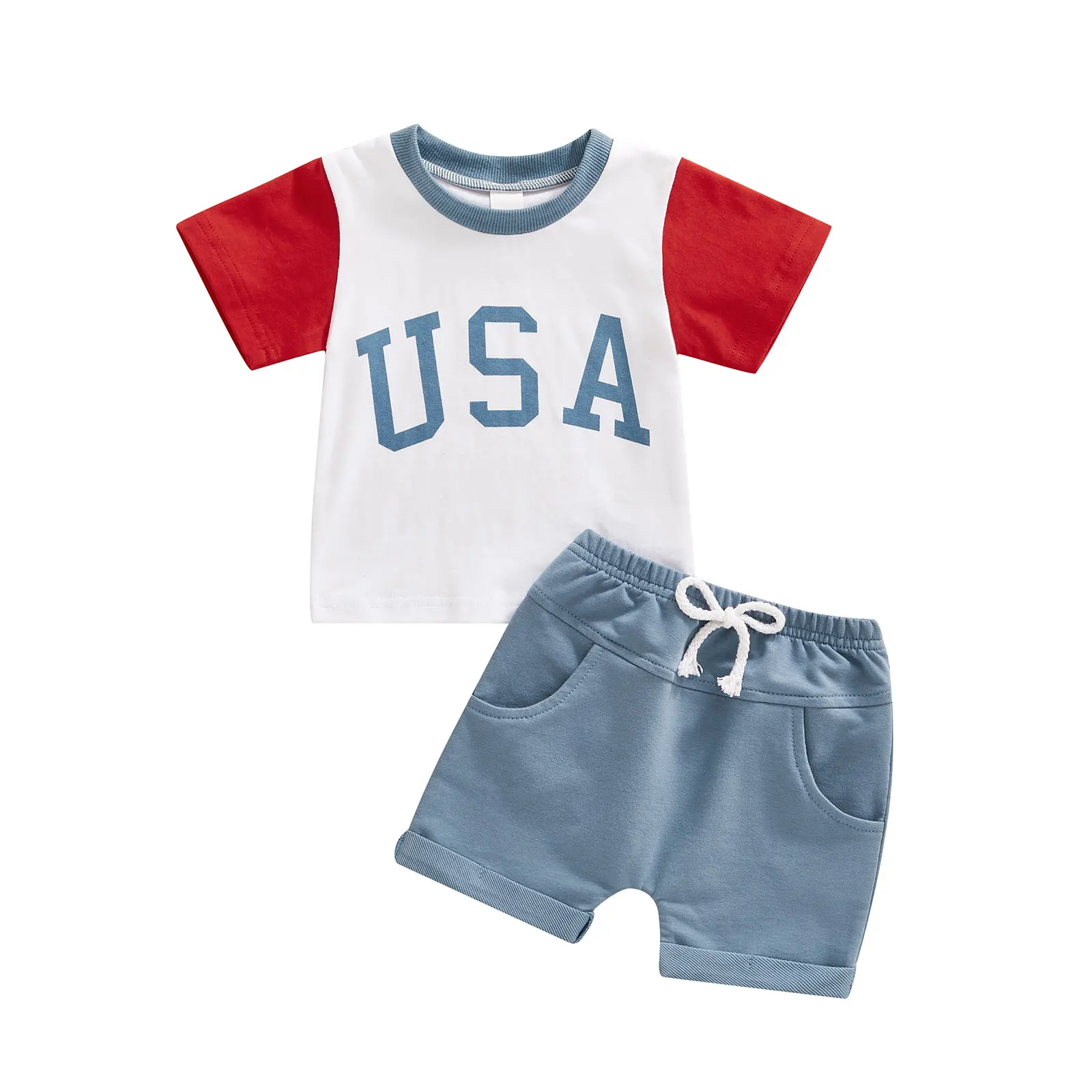 2022-04-18 Lioraitiin 0-24M Newborn Infant Baby Boy Girl 2Pcs Independence Day Clothing Short Sleeve USA Printed Shirt Denim