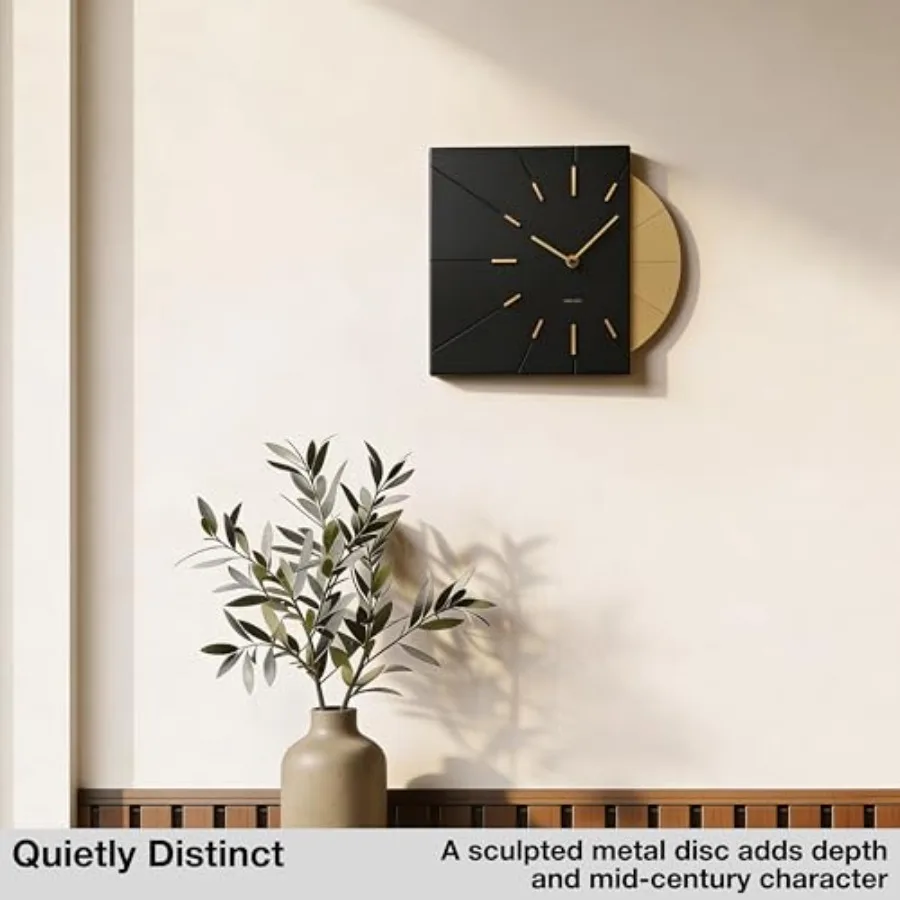 Clocks Mid Century Modern Wall Clock - Square Clock with Decorative Gold Accent- Unique and Cool Clock, Battery Operated - MCM