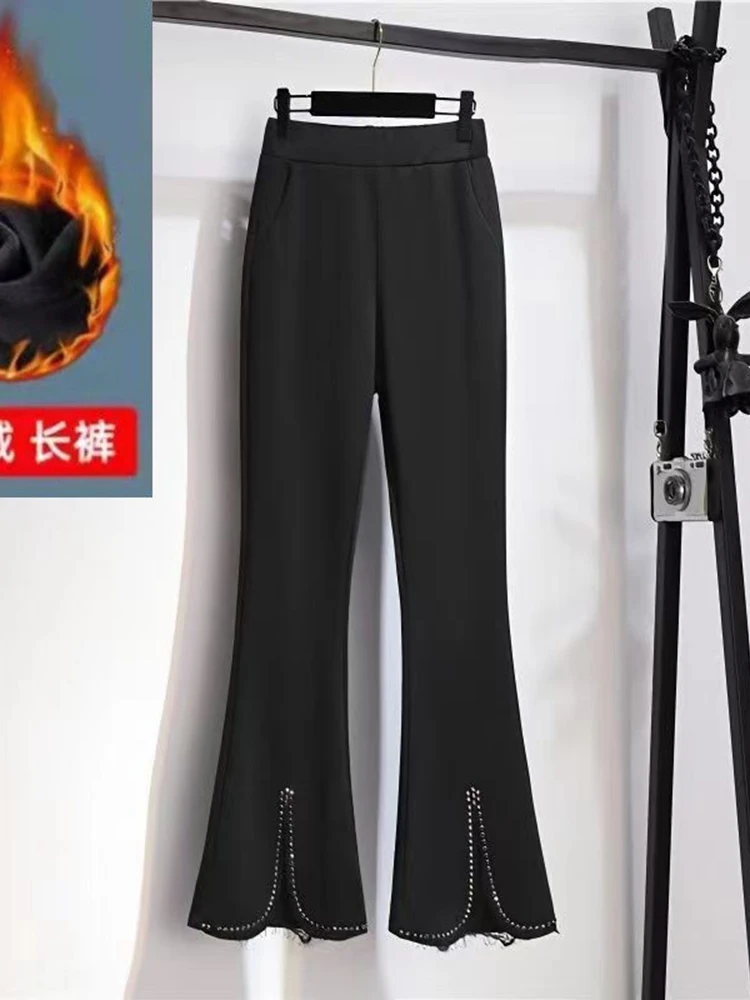 

Осенне-зимние новые модные брюки-клеш с широкими штанинами, однотонные, с кружевом и стразами, на эластичной талии, с высокой талией, для женщин