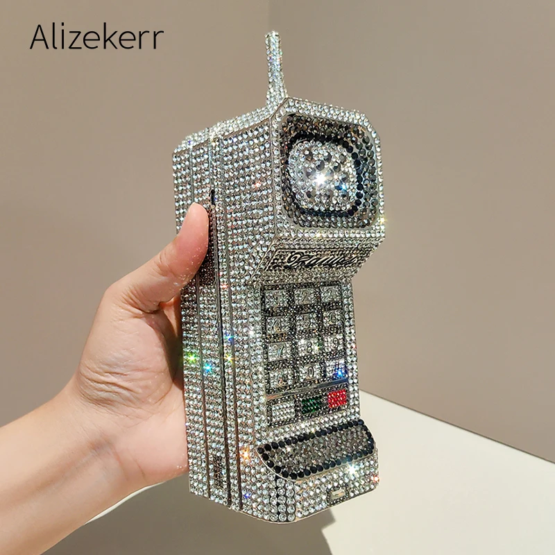 Alizekerr Cellphone Shaped Diamond Evening Bags Women 2025 Gorgeous Bling Rhinestone Metallic Purses And Handbags Wedding Party
