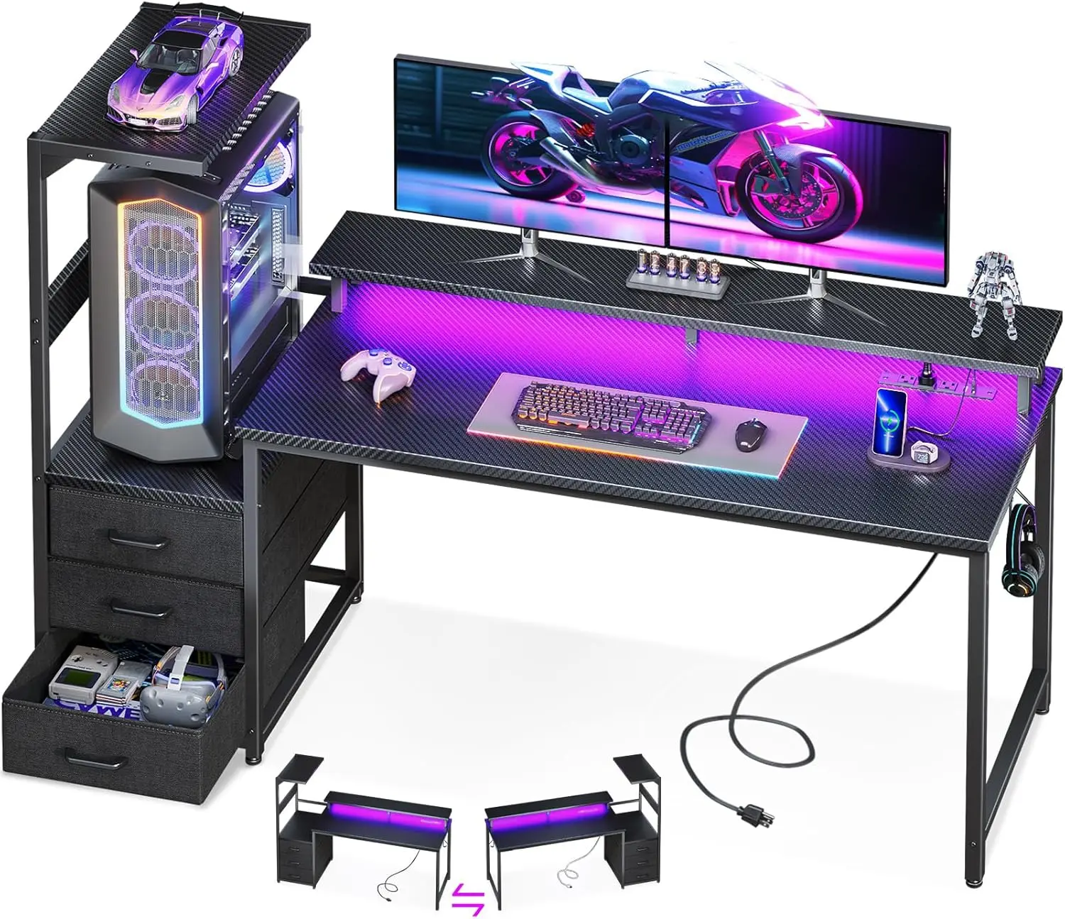 Inch Gaming Desk with USB Charging Ports & LED Light- Reversible Computer Desk with Storage Shelves & Monitor Stand, Mod