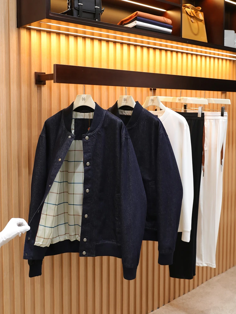 

Fall 2025 Men's Premium Simple Baseball Collar Flight Denim Jaet Outerwear Doctor.Huang's Classic Sle Loose Fit Cotton Po...