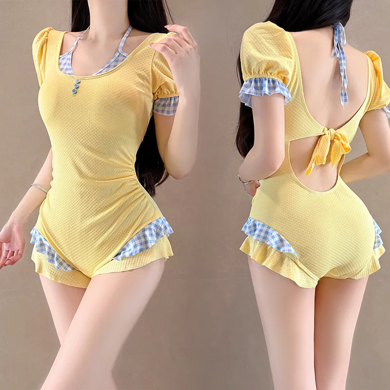sexy Korean fashion yellow patchwork swimsuits one piece buttons short puff sleeve bodysuits bikinis cute beach outfits swimwear
