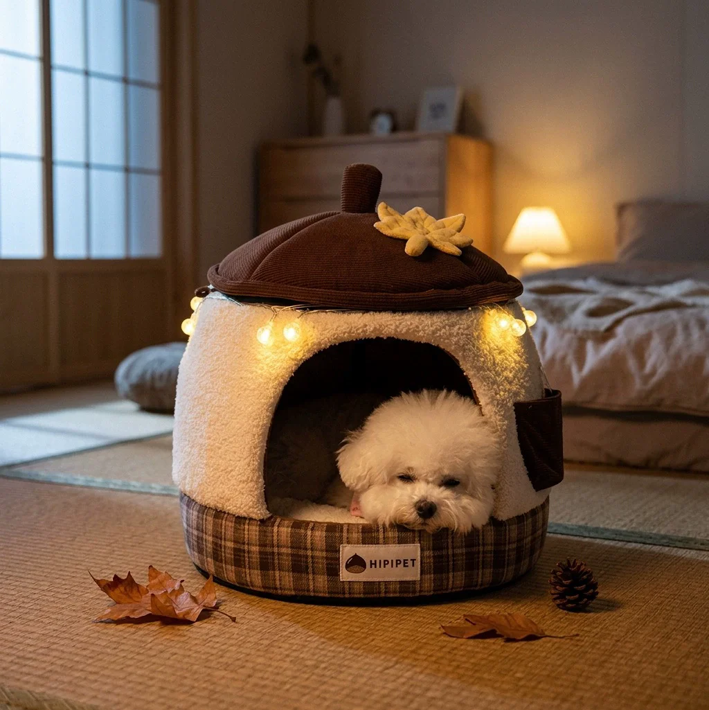キノコと栗をモチーフにした半密閉型ペットベッド。犬と猫に適しており、秋と冬に十分な暖かさと広々とした空間を提供します。
