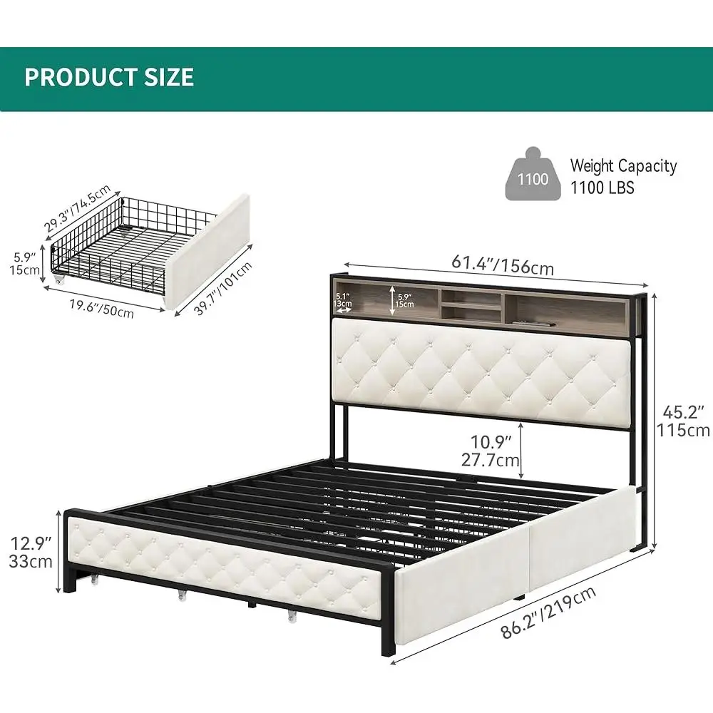 Queen Storage Bed Frame with 4 Drawers Upholstered Platform Dual USB Charging Ports Bookcase Headboard Noise Reduction Sturdy