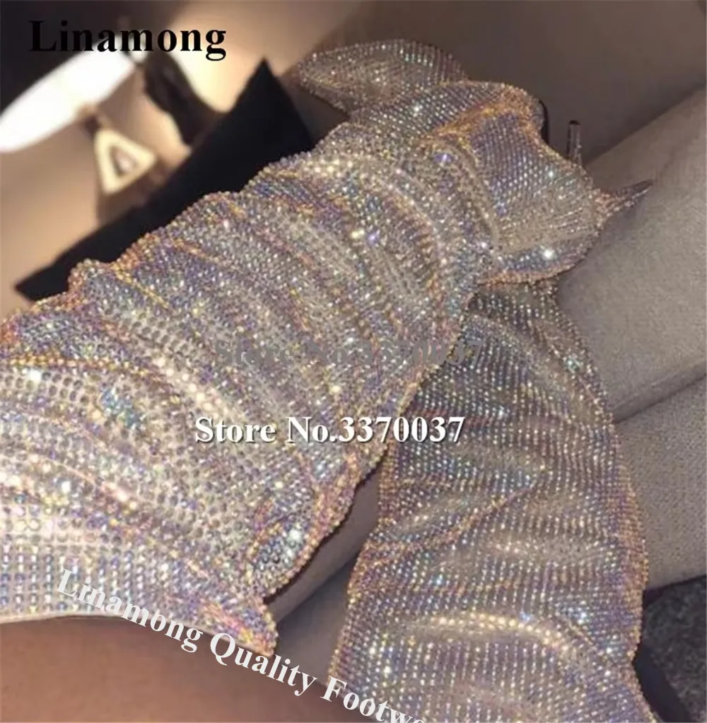 Newest Bling Bling Pointed Toe Rhinestone Thin Heel Over Knee Boots Ladies Shining Crystal High Heel Boots Wedding Club Shoes