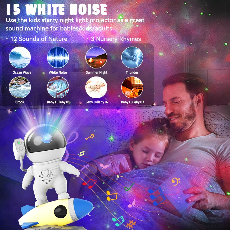 Proyector de estrellas y astronautas para niños, luz nocturna con Control remoto 360, diseño ajustable, iluminación de galaxia nebulosa