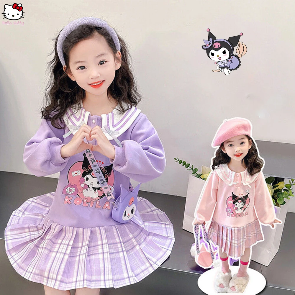 Anime Children Lapel Hoodie Tops Pleated Skirt Sanrios 2024 New Kuromi Cute Fashion Colleges Style Dress Kawaii Princess Dress