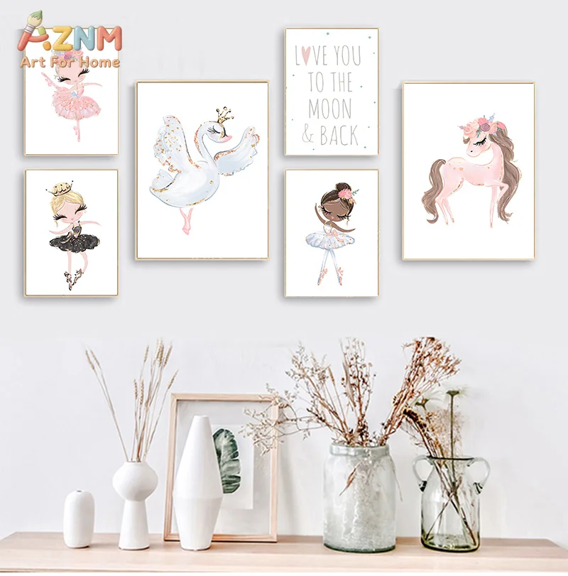 AZNM Soft Pink Ballerina Swan Unicorn Canvas Print Princess Floral Crown Love You To The Moon Quote Girls Nursery Unframed Wall