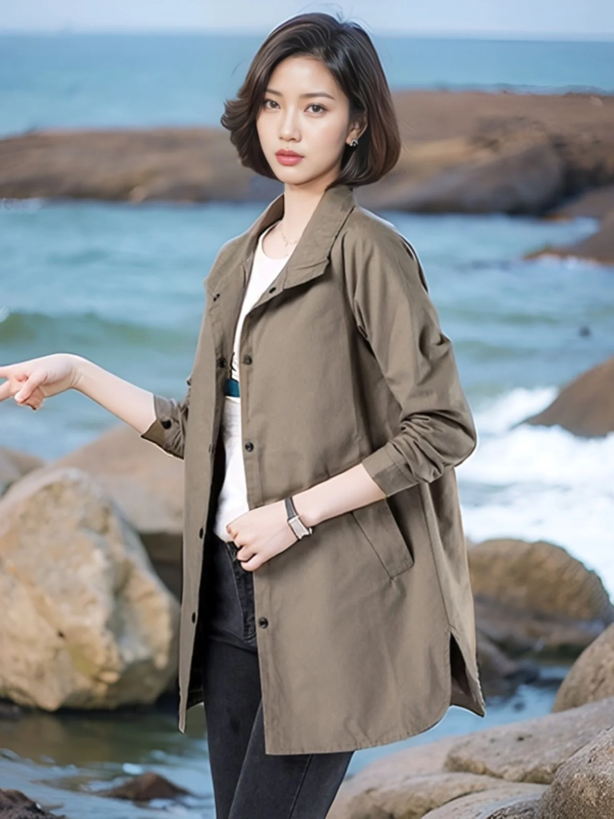 

Slim Fit Korean Sle Windbreaker Spring Autumn Thin Long Sve Casual Mid-Length Elegance Outerwear Mom's Faion Outerwear