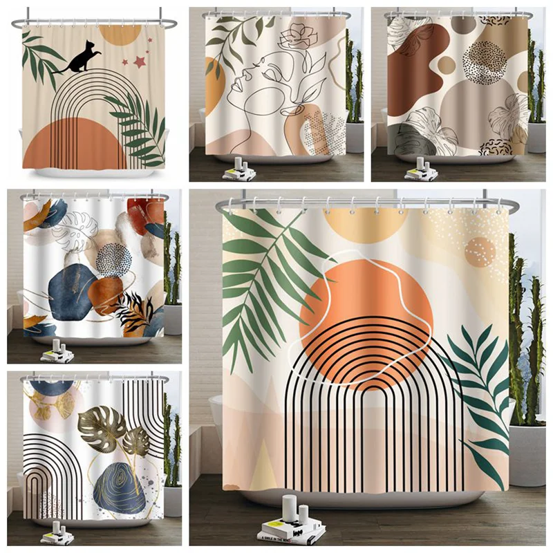 Nordic Wind Boho Shower Curtain for Bathroom Abstract Mid Century Modern Minimalist Geometric Arch Beige Bohemian Bath Curtain