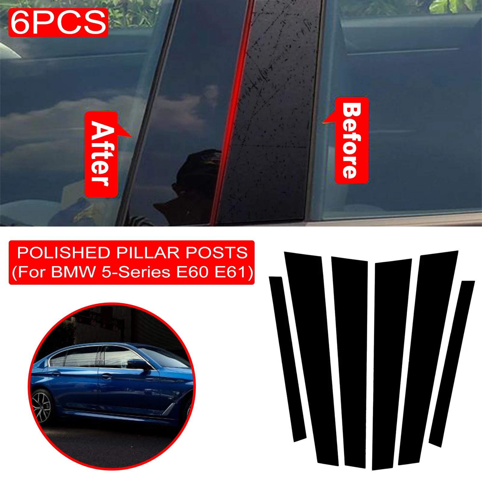 6PCS Polished Pillar Posts Car Window Trim Cover BC Column Sticker For BMW 5 Series E60 E61 Sedan 2004-2010 Accessories