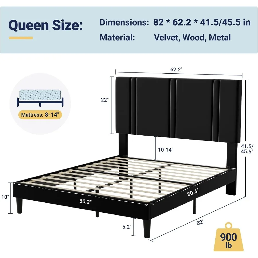 Platform Bed Frame with Velvet Upholstered Headboard for Modern Bedroom, Navy Blue, Soft Touch and Noise-Free Design