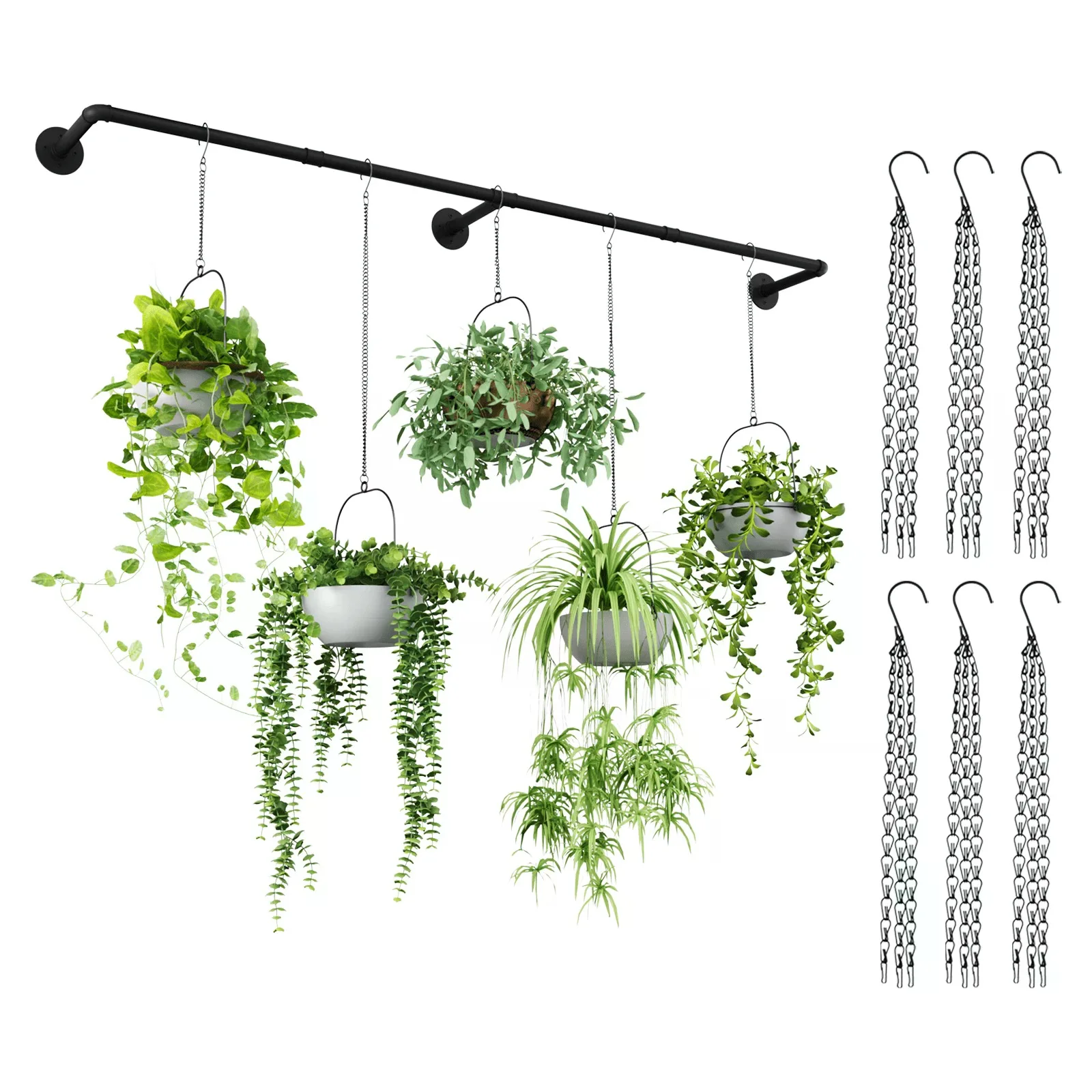 Plant Hanger Indoor With 6 Hanging Chains Hanging Planters For Indoor Plants Hanging Plant Holder Window Plant Rod Black Metal Shelves(70.8 Inch)(Pot Not Included)