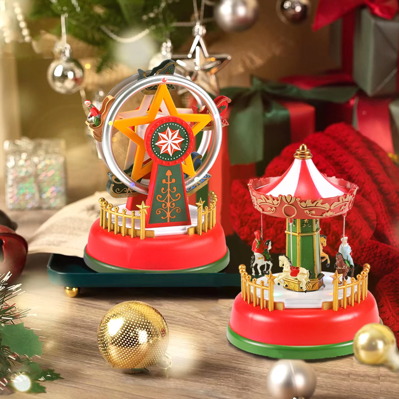 Illuminated Christmas Village Decoration Carnival Scene - Animated Carousel with Led Light Holiday Ornaments Gifts Music