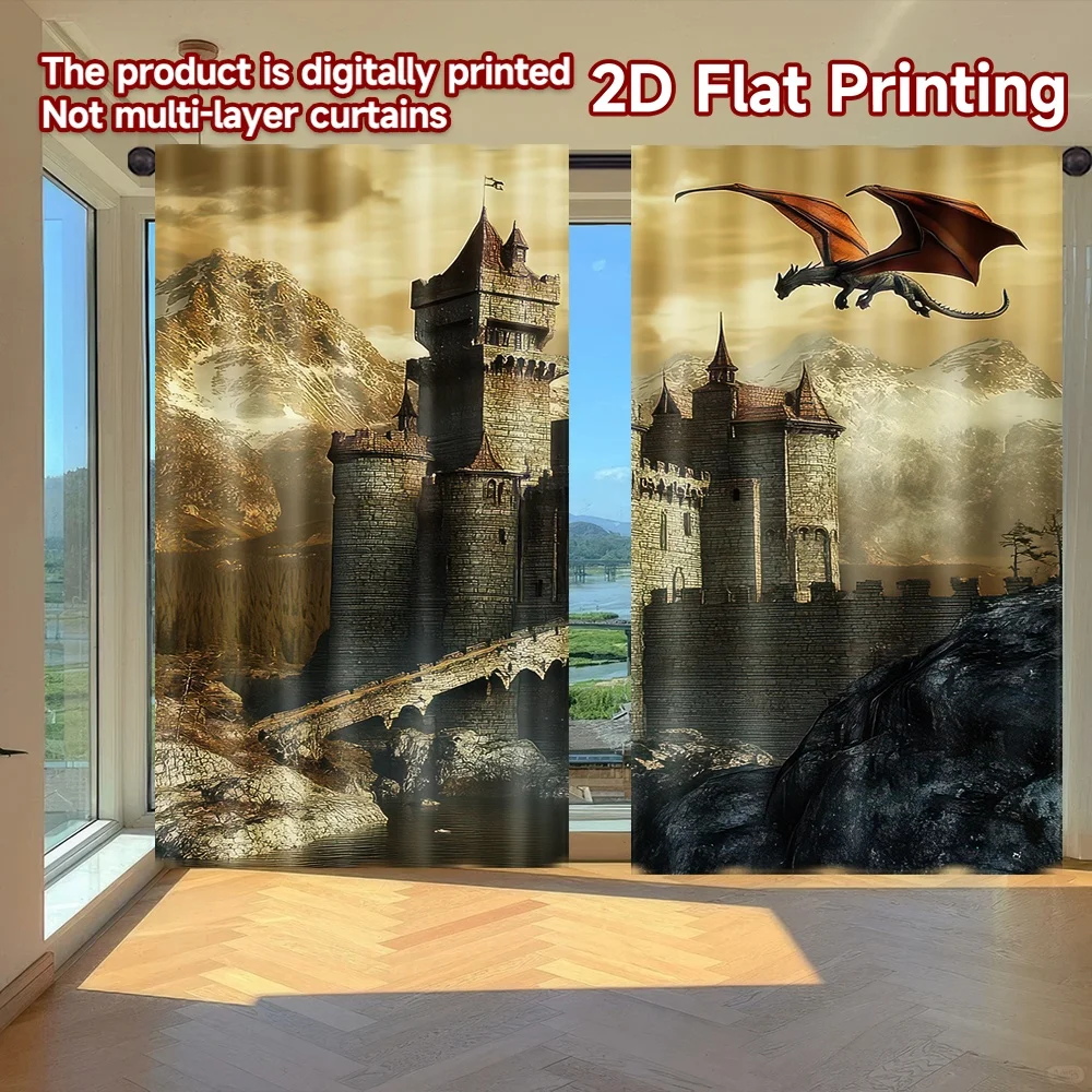 

2D flat printing 2pcs Curtains Castle and Flying Dragon Digital Printed Polyester Drapes Birthday Party Perfect for Booths