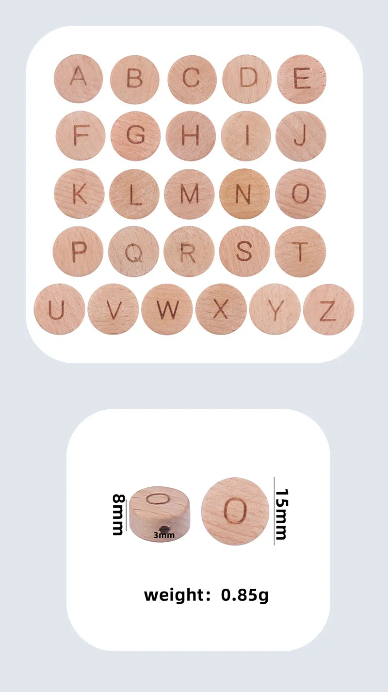 50 stücke Flache Runde Holz Alphabet Perlen Natürliche Holz Buchstaben Perlen Für DIY Baby Zahnen Halskette Armband Schnuller Clip Kette – Detail 6