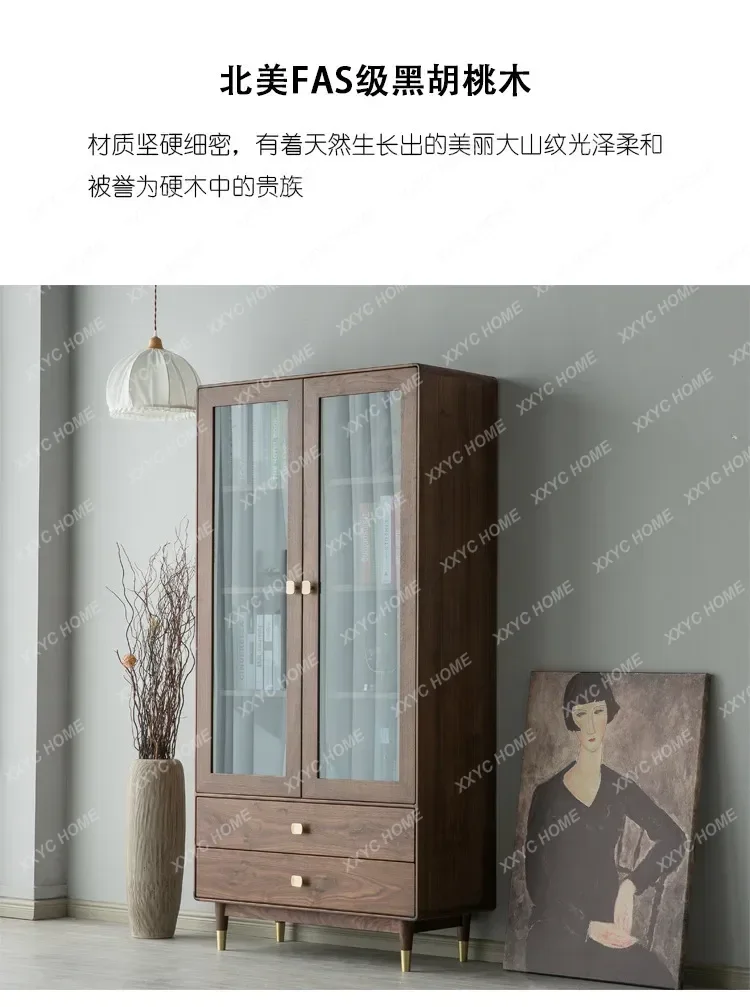 X-S  Walnut Solid Wood Bookcase Living Room Storage Cabinet Floor Glass Double Door Simple Bookshelf HG